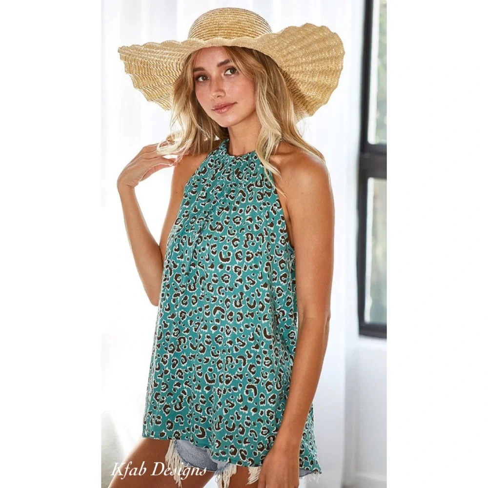 LAST ONE!! Limited Time! Leopard Print Blue Marine Crinkle Halter Top! - Picture 7 of 10